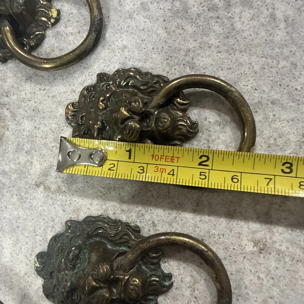6 Vintage Brass Lion Head Dresser Chest Drawer Knob Cabinet Pull Patina 3D READ
